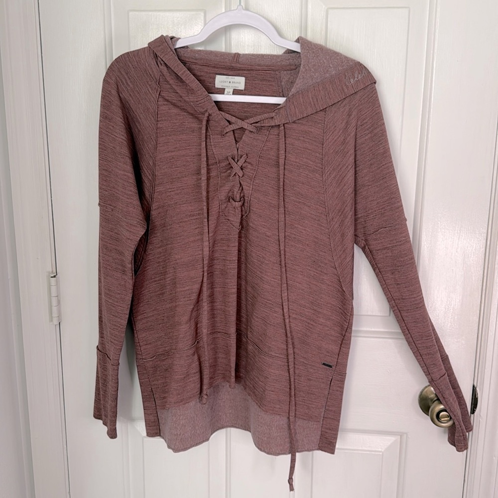Lucky Brand heather mauve pink lace-up hoodie sweatshirt High Low Hem sz SP